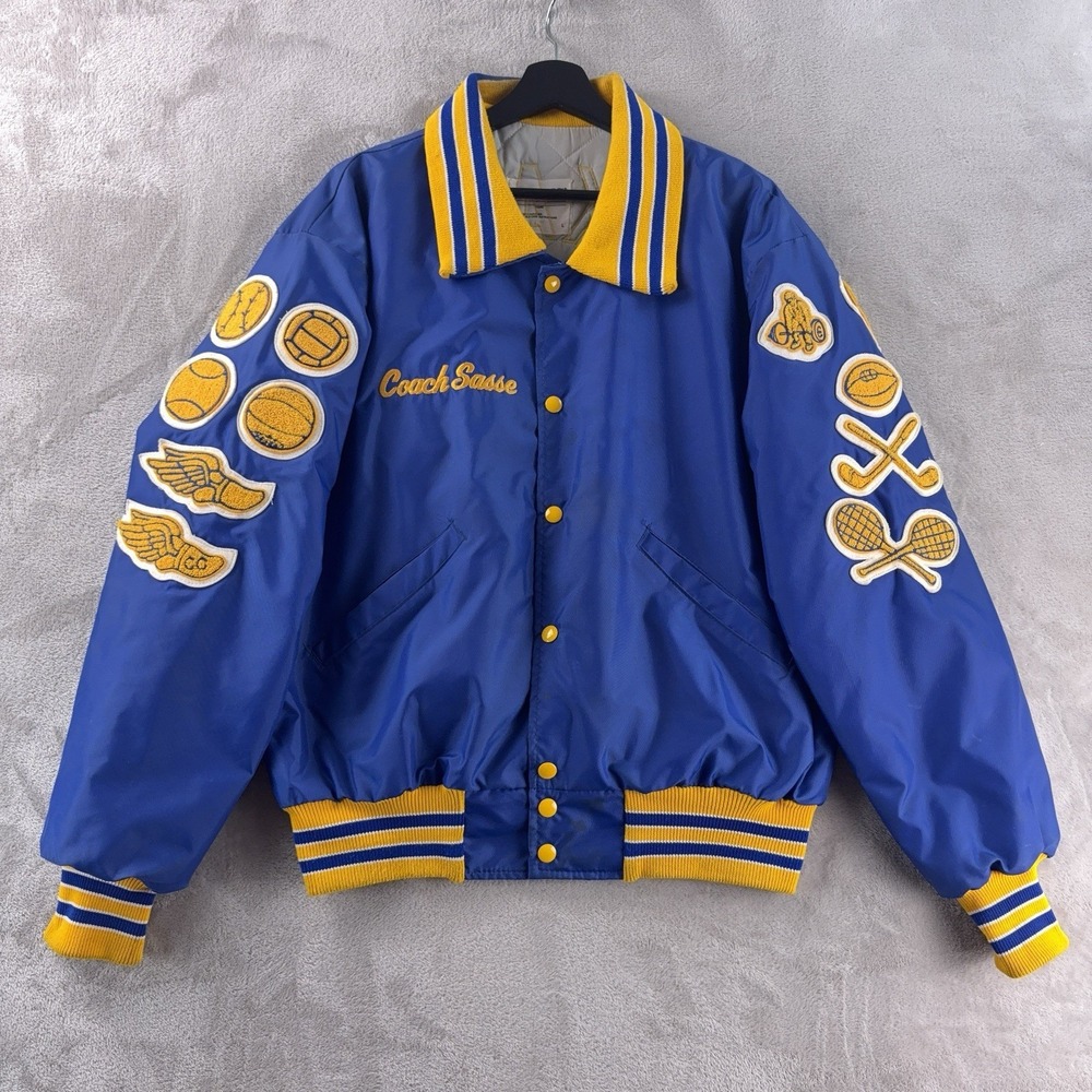 Vintage DeLONG High School Coach Varsity Jacket Mens Size Large Blue‎ USA 80s